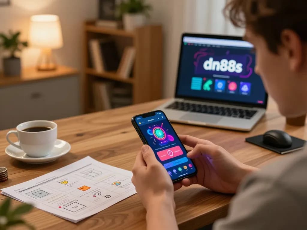 Engaging with dn88s app on smartphone, showcasing a dynamic online gambling experience in a cozy home office.