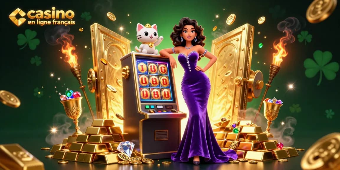 Gagnez gros au casino en ligne francais avec une scène de jackpot glamour pleine de pièces et de trésors.