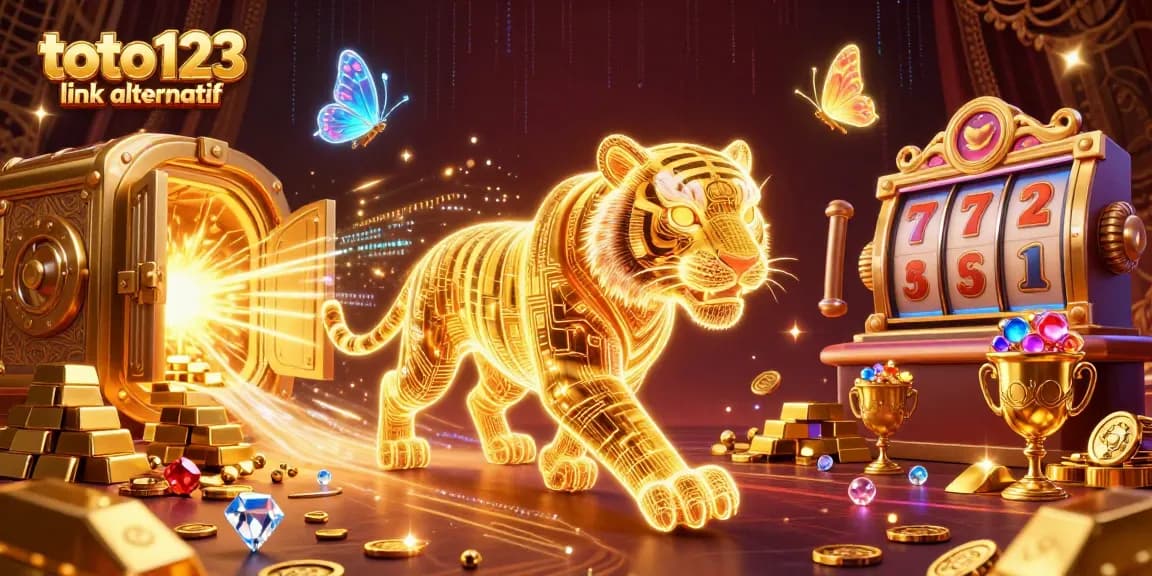 Toto123 link alternatif showcases a neon-wireframe tiger exploring a luxurious casino filled with treasures, evoking excitement.