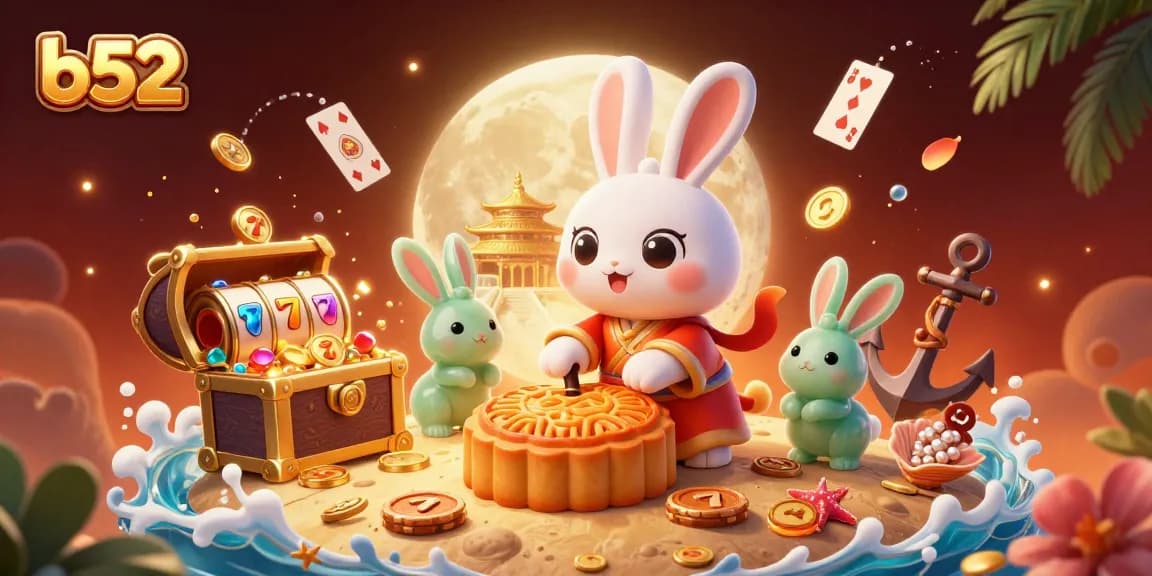 Spin to win at b52 with a lively scene of a moon rabbit and vibrant casino elements