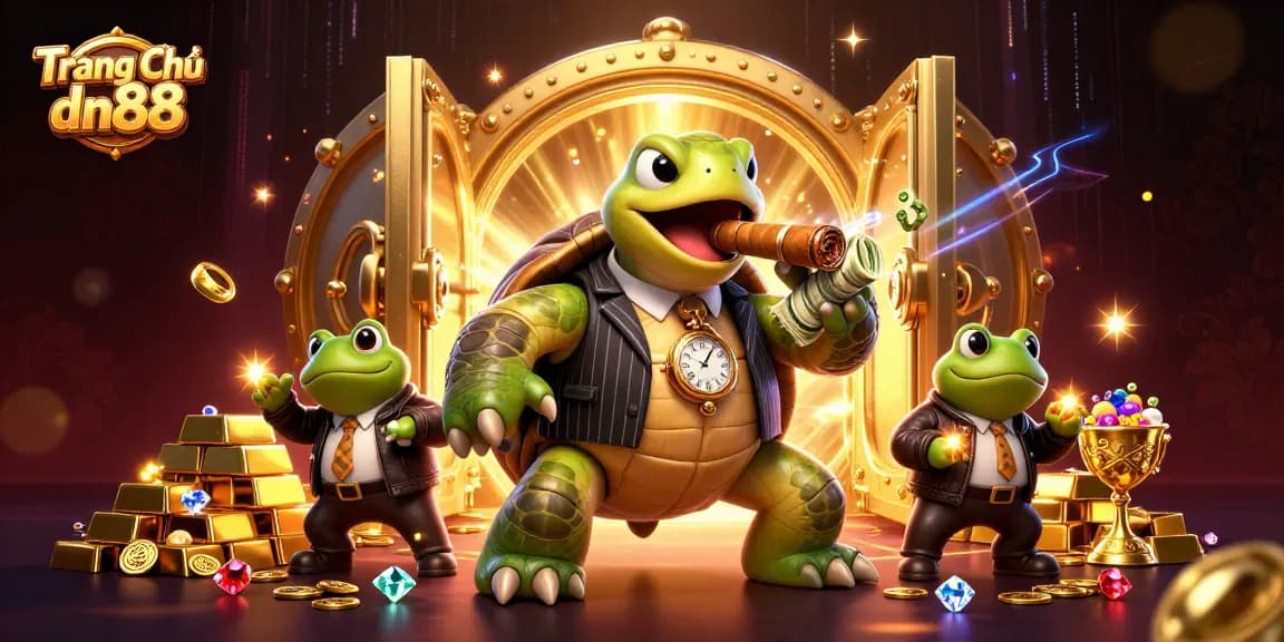 Experience excitement at Trang Chủ dn88 with a dynamic casino scene featuring a turtle in a gangster suit.