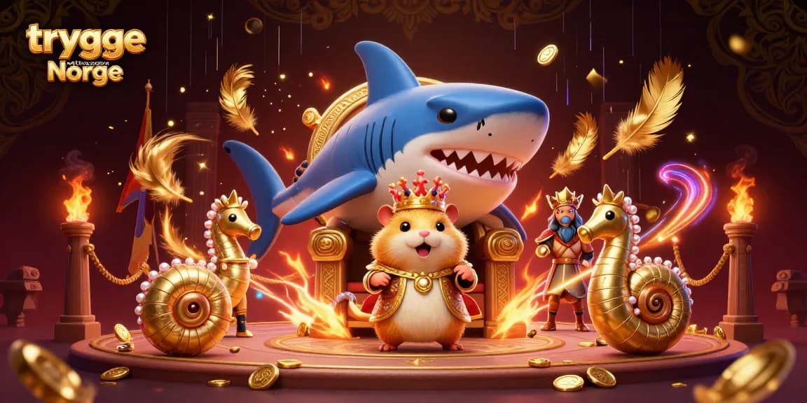 Oppdag trygge nettcasino Norge med en spenstig hamsterkonge og hans sjøhester under en lysfest i en dynamisk 3D-scene.
