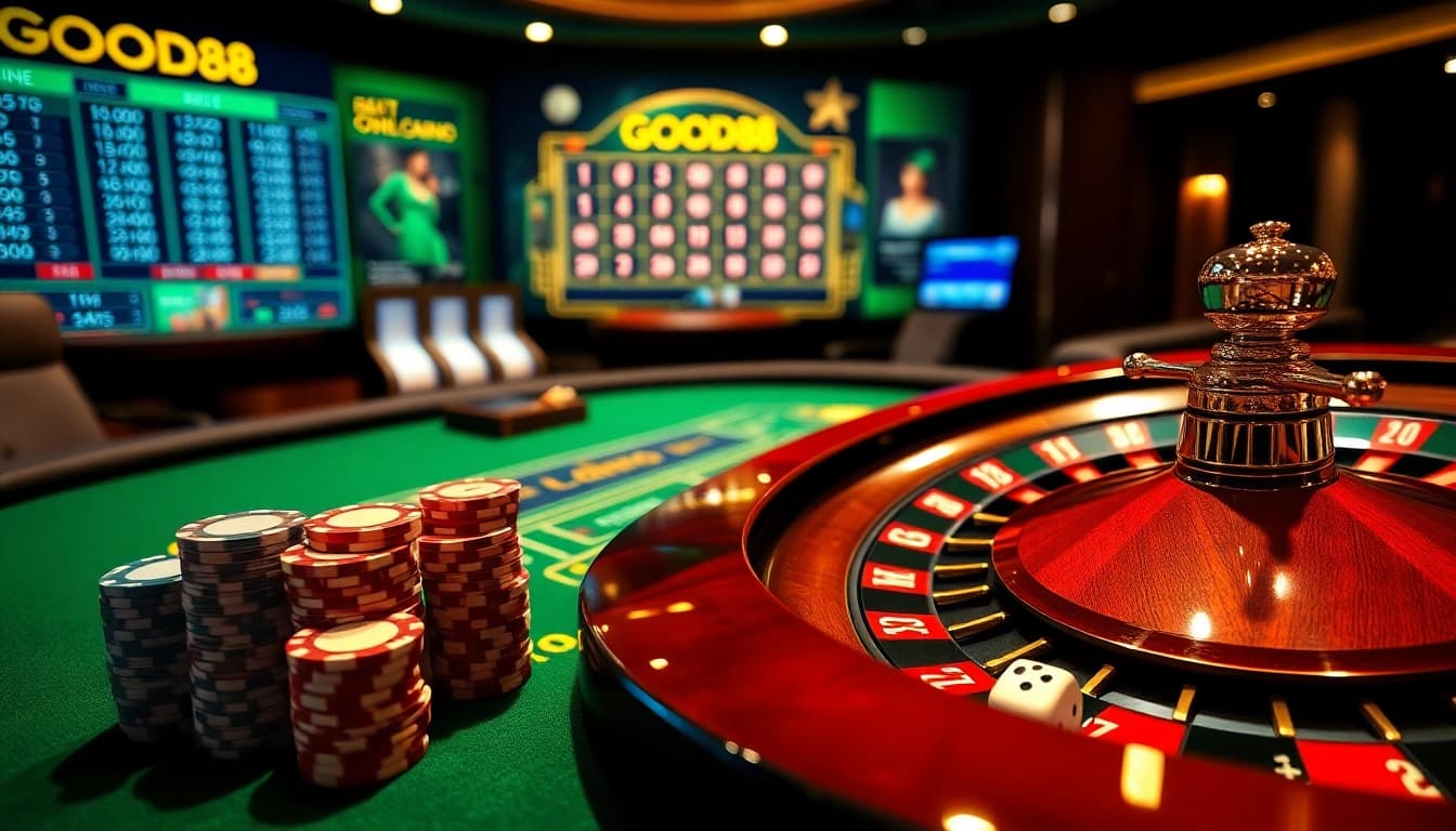 Players enjoy a luxurious gaming experience at GOOD88 casino with vibrant casino elements and professional ambiance.