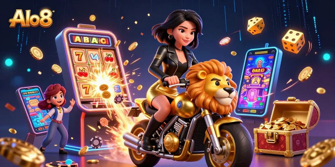 Alo8 features a glamorous Asian woman enjoying excitement on a golden lion in a vibrant casino scene with jackpots.