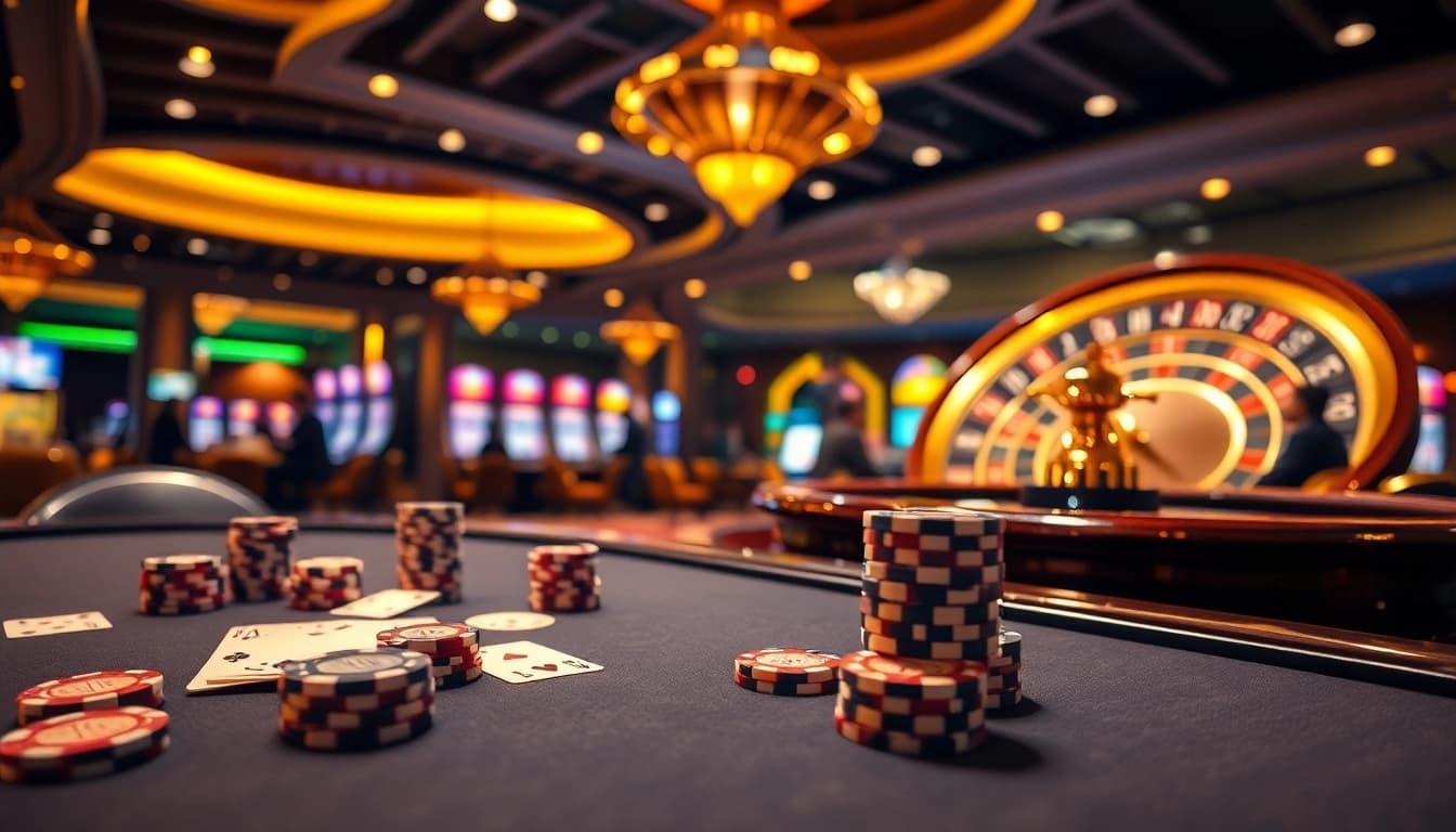 Experience the thrill of high-stakes gaming at https://rr88.se.net/ with a luxurious poker table and roulette wheel.