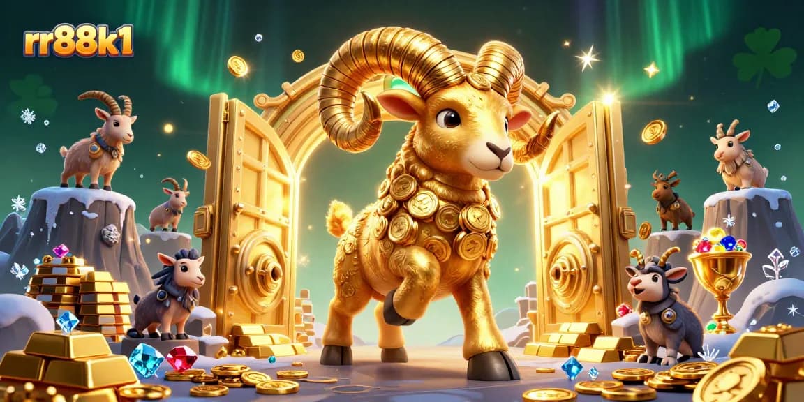 Bet on rr88k1's vibrant casino scene featuring golden ram charging through treasures.