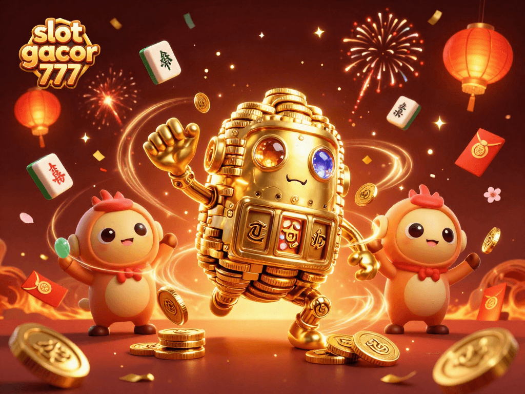 Slot gacor 777 menghidupkan permainan dengan simbol mesin slot dan koin emas berkilau.