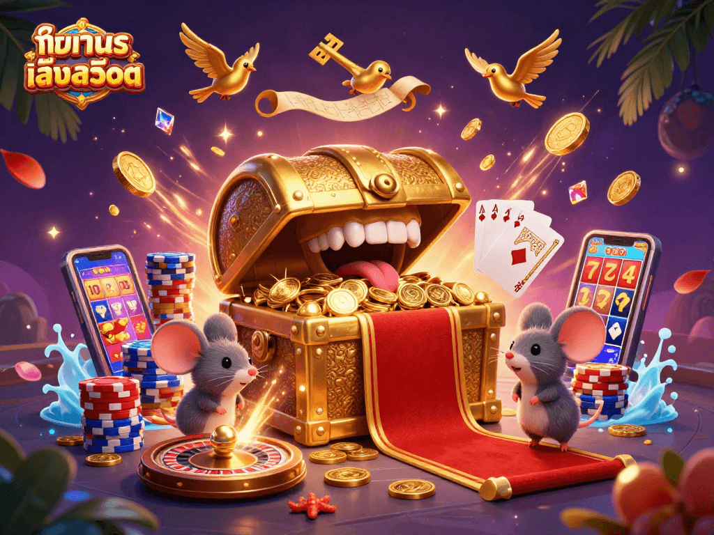 Try your luck with ทดลองเล่นสล็อต in a vibrant casino scene featuring treasure and excitement.