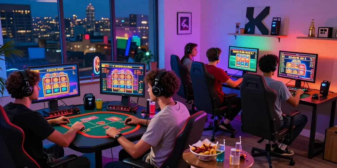 Friends enjoying gaming at credit card casinos with vibrant screens and snacks in a lively atmosphere.