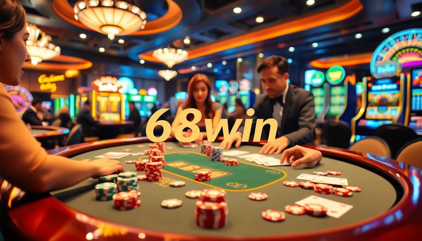 Enjoying an engaging game at 68win’s professional poker table with vibrant chips and cards.