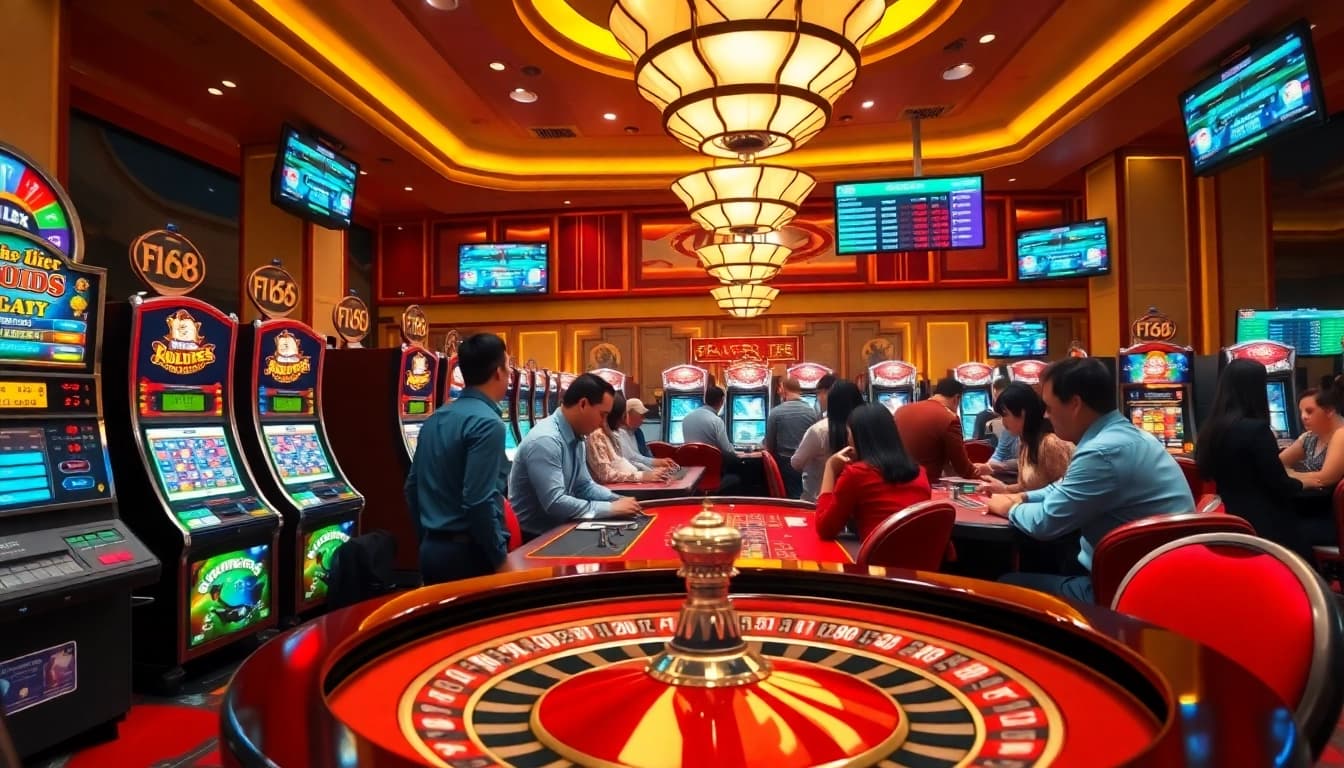 Spin to win at F168 with vibrant slot machines and engaging table games in an upscale casino atmosphere.