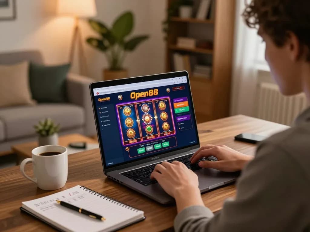 Open88 user engaged in online casino gameplay with vibrant interface and strategic notes visible.