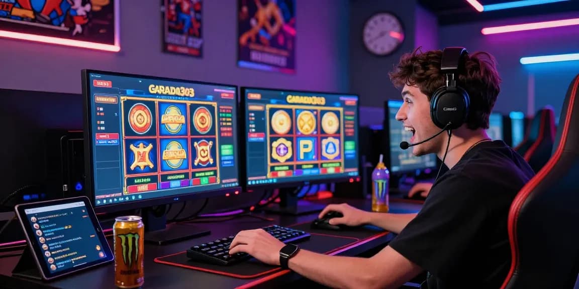 Player enjoying garuda303 online slot games in a vibrant gaming room.