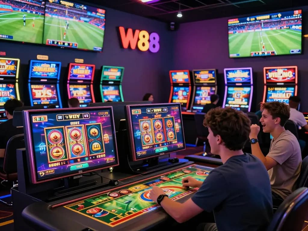 Engaging W88 online gaming scene with players enjoying sports betting and casino games.