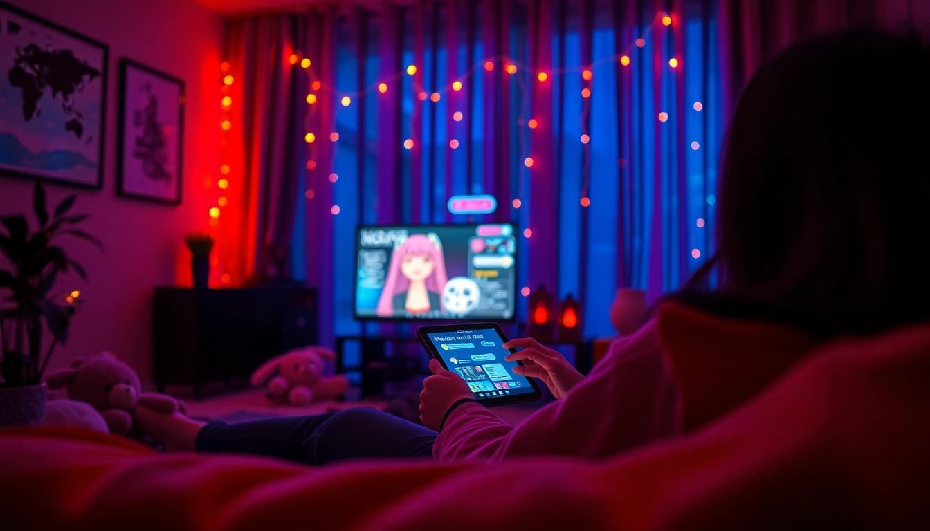 Engaging chat scene with NSFW character AI displayed on a tablet, warm lighting and cozy atmosphere.