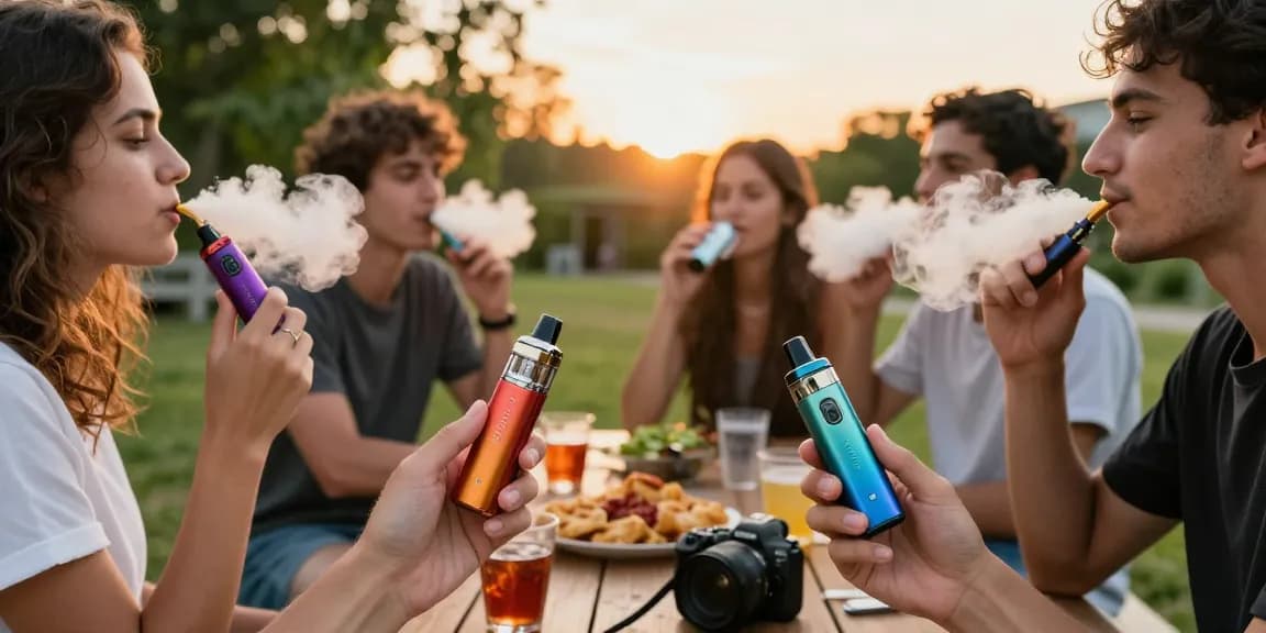 Group of friends enjoying Hayati promax vapes at outdoor gathering with sunset light