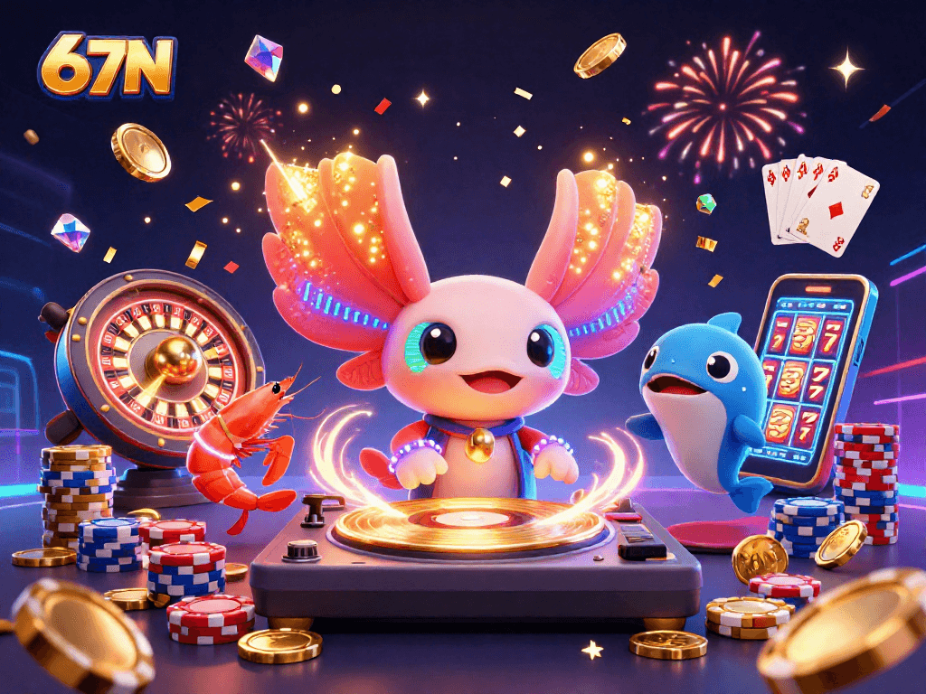 67N celebra ganhando em um cassino digital com estilo vibrante e personagens animados.