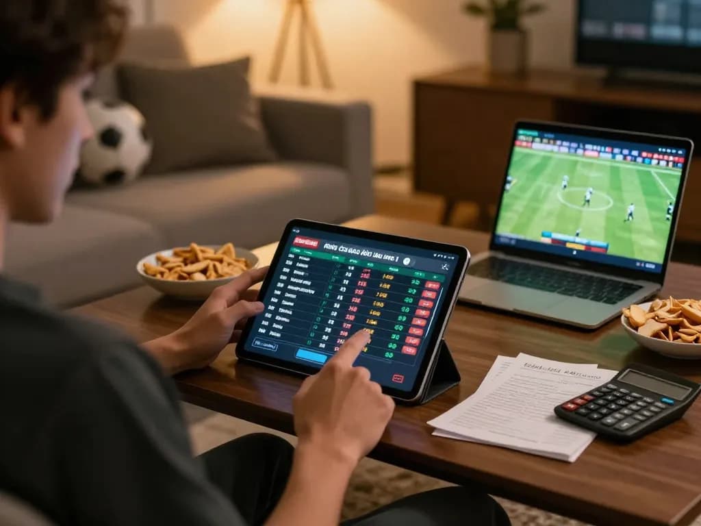 Intensely analyzing kèo nhà cái hôm nay bets on a tablet in a cozy living room filled with sports memorabilia