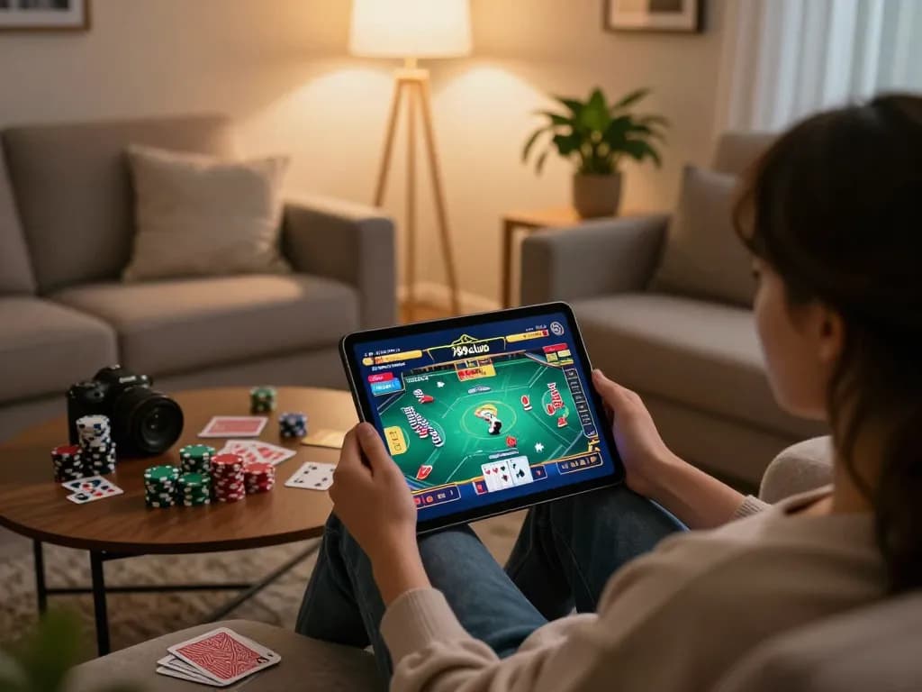 Engaging online gaming experience with 789club app displayed on tablet and poker setup.