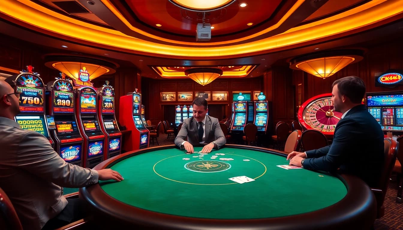 Players enjoying a competitive poker game at CK444's vibrant casino setting.