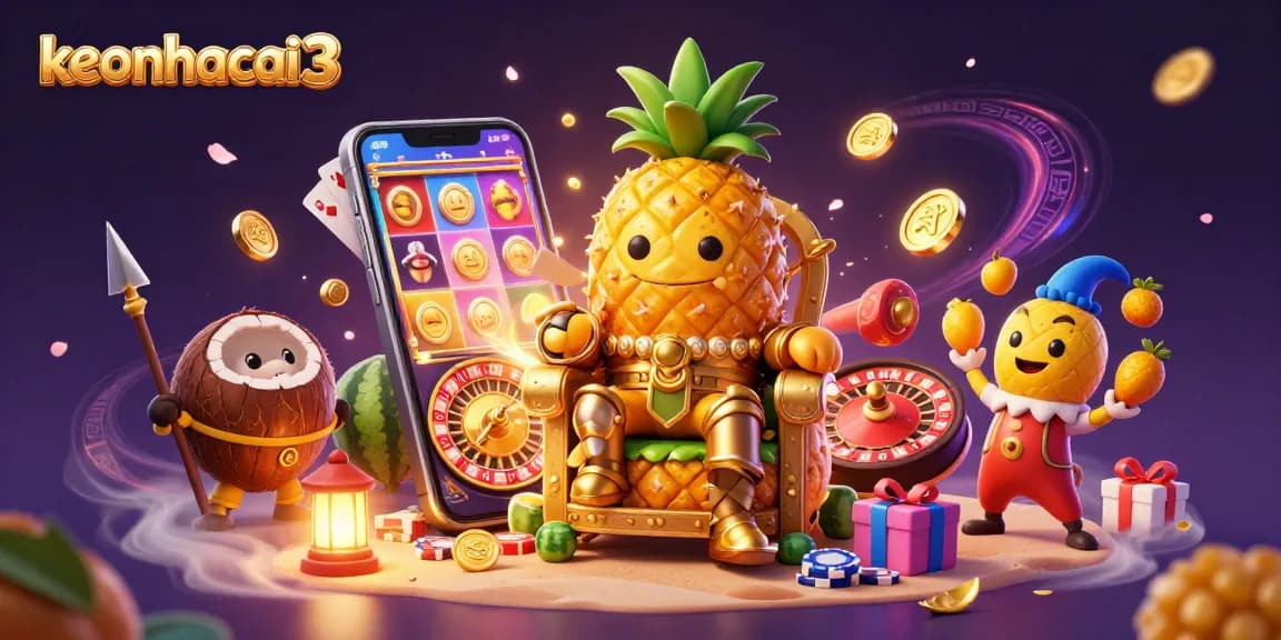 Experience thrilling wins at keonhacai3 with a vibrant 3D casino scene featuring a golden pineapple king and active gaming elements.