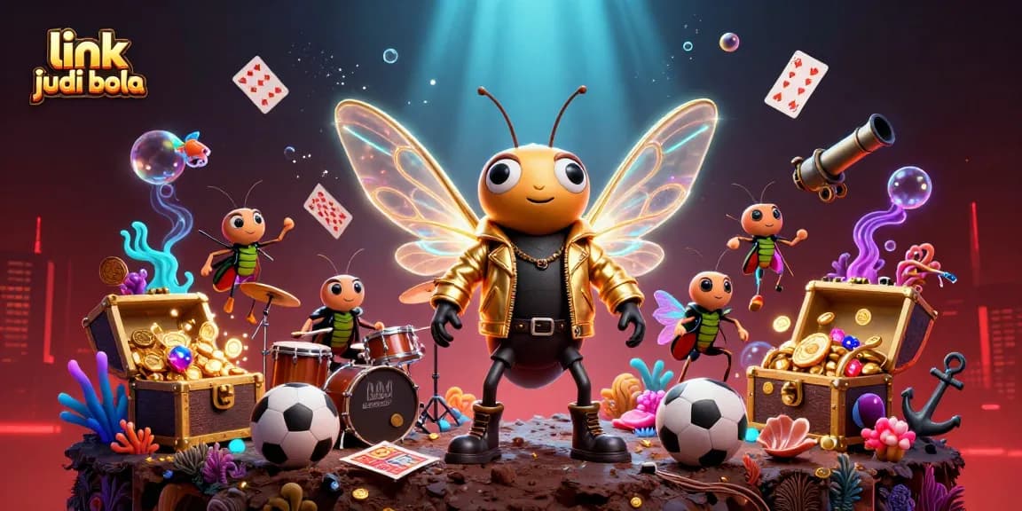 View a vibrant scene where the cicada rock star leads a band in a 'link judi bola' themed sports betting environment.