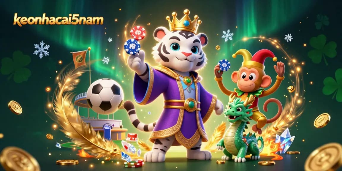Engage with keonhacai5nam in a vibrant 3D casino illustration featuring a royal tiger, jester monkey, and sports betting elements.
