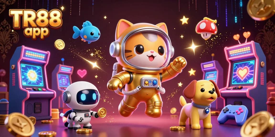 Engage with the TR88 app showcasing a cat astronaut and robotic companion in a dynamic casino scene.