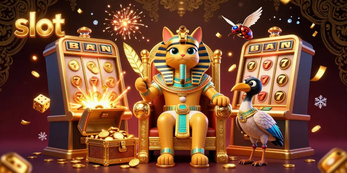 Spin the vibrant slot machine amidst an Egyptian-themed 3D illustration with pharaohs and treasures.