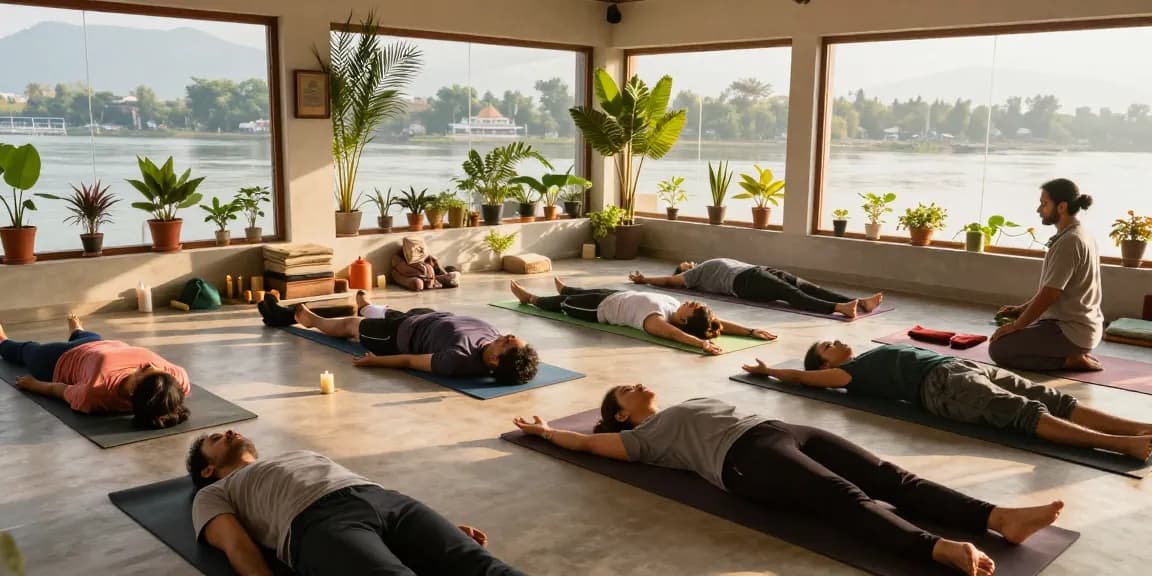 Yoga teacher training in Rishikesh with diverse students practicing asanas in a peaceful studio setting.