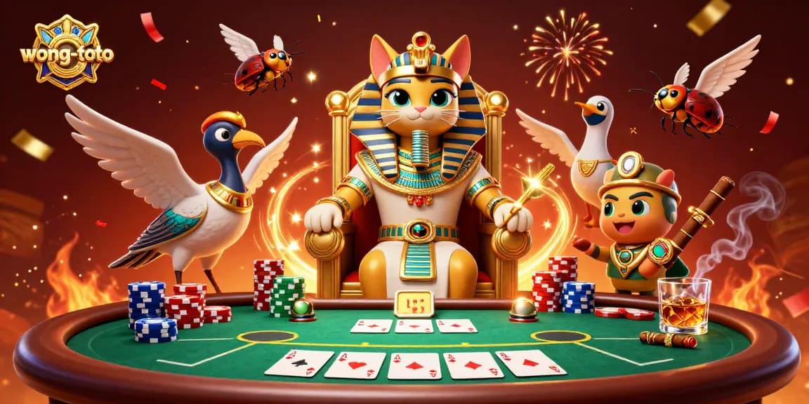 Engage with wong-toto at a vibrant casino scene featuring a pharaoh cat and poker elements.
