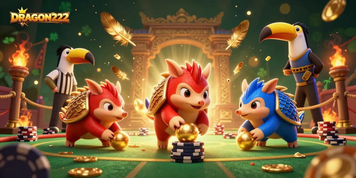 Experience the thrill of DRAGON222 with competitive pangolins rolling golden balls and poker chips in a vibrant casino scene.