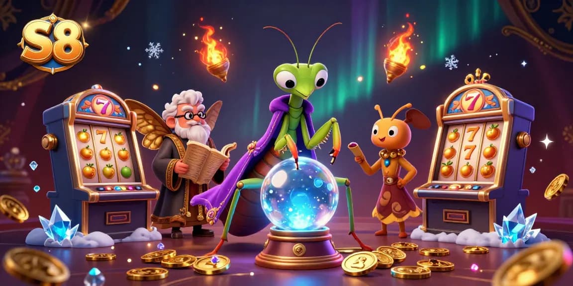 Engage in thrilling S8 slot games with a vibrant scene of fortune-telling characters and dynamic casino elements.