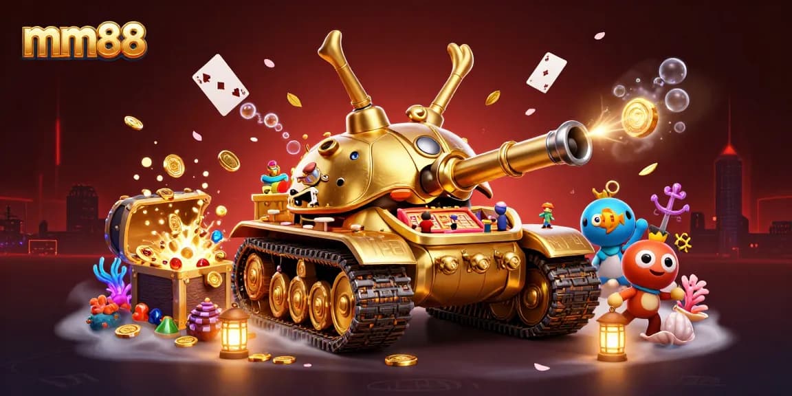 Experience thrilling games at mm88 with a vibrant 3D casino scene featuring a golden beetle tank.