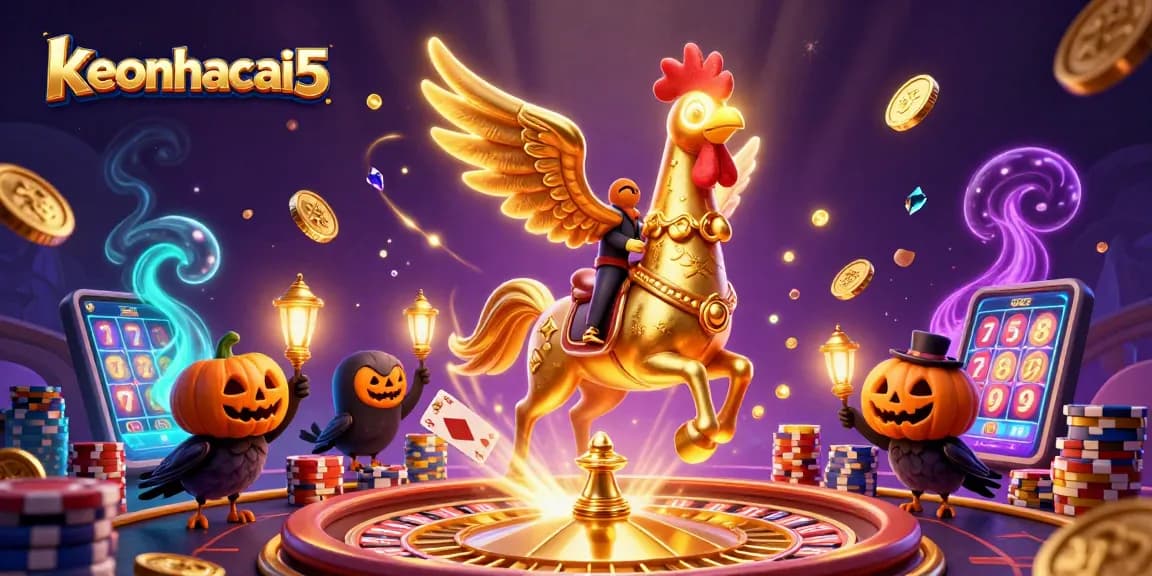 Engage with keonhacai5 as the glowing rooster navigates a vibrant midnight casino scene.