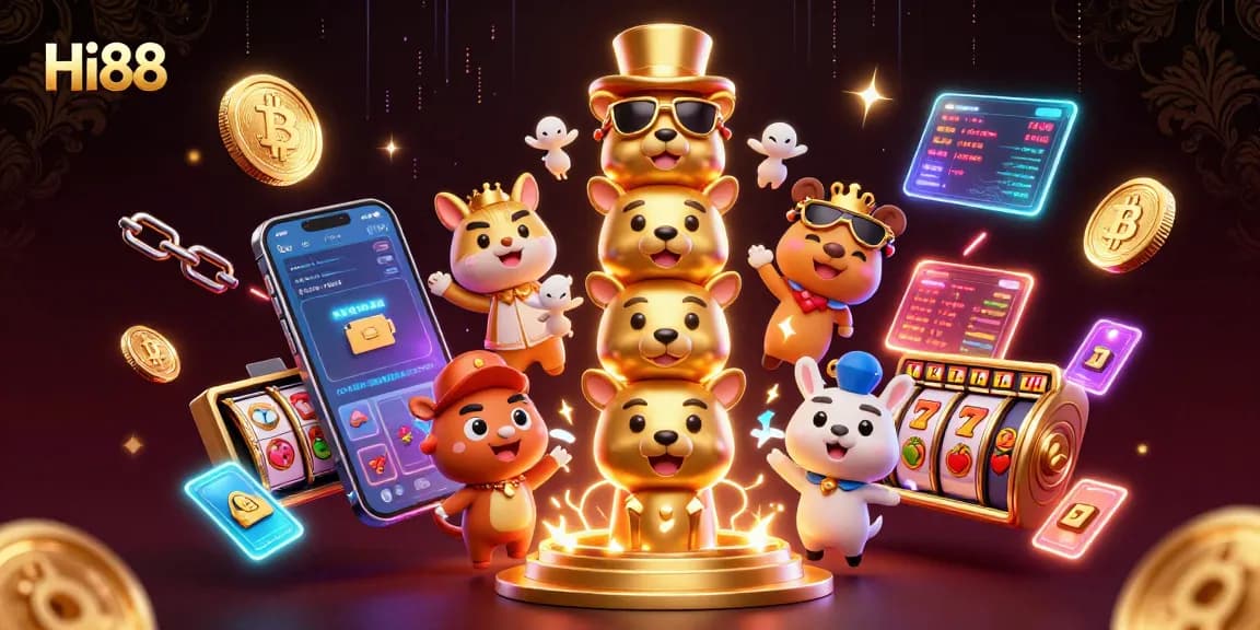 Engage with Hi88’s vibrant casino experience featuring golden totems and crypto elements.