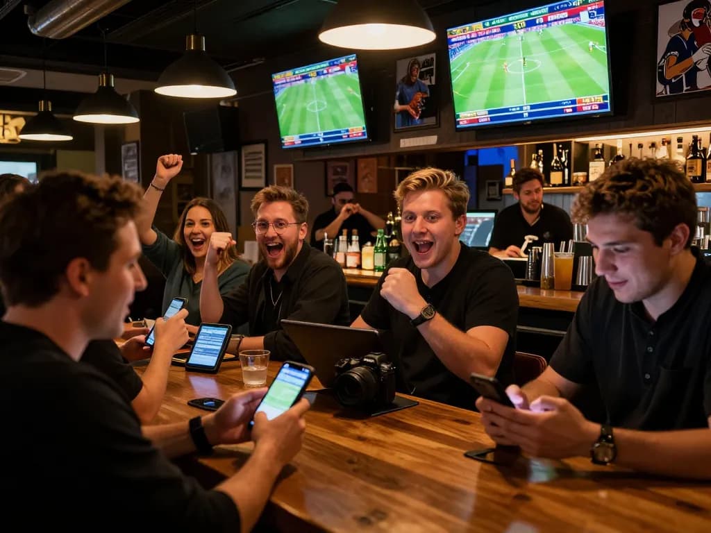 Nowgoal sports bettors engaging with mobile devices in a vibrant bar atmosphere.