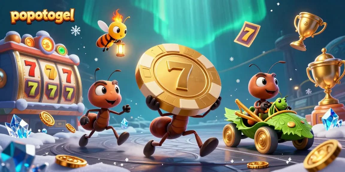 Engage with popotogel's thrilling slot experience through dynamic 3D illustration, featuring vibrant casino elements.