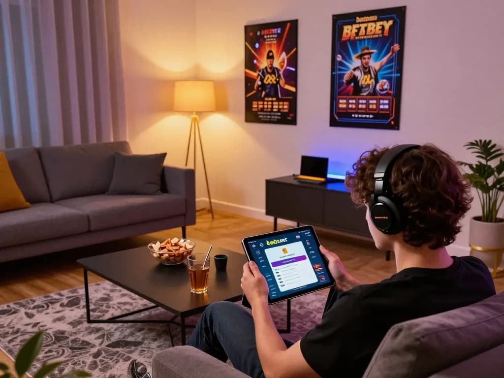 Using the betbet app on a tablet in a cozy living room, reflecting online gaming excitement.