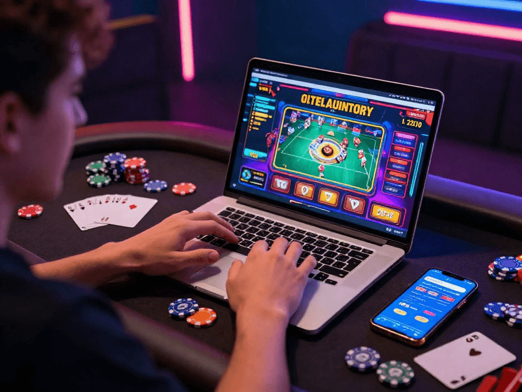 Engaging online gambling moment with rokok88 interface and colorful chips on the table.