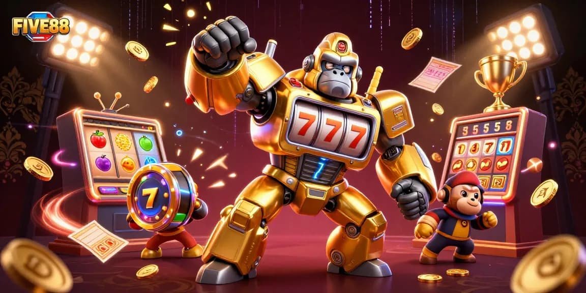 Experience excitement with FIVE88's dynamic 3D illustration of a golden gorilla mech celebrating winning slot reels and coins.