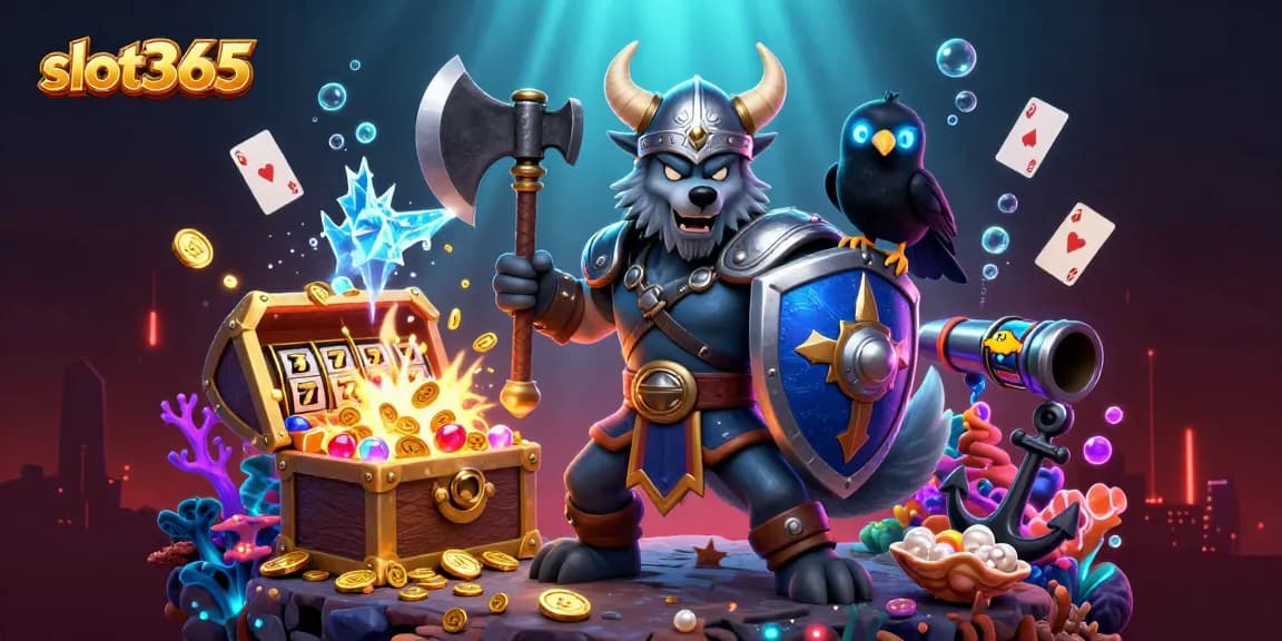 Experience slot365 excitement with a Viking warrior, dragon, and treasure in a stunning digital scene.