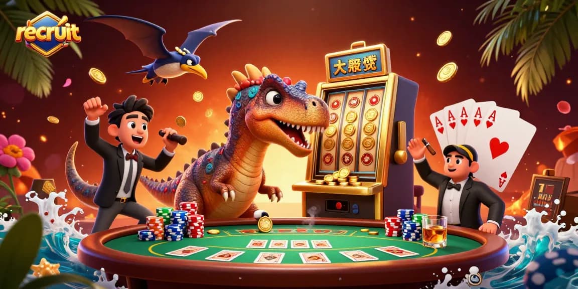 Recruit vibrant casino scene with a pachycephalosaurus winning on a slot machine, showcasing dynamics.