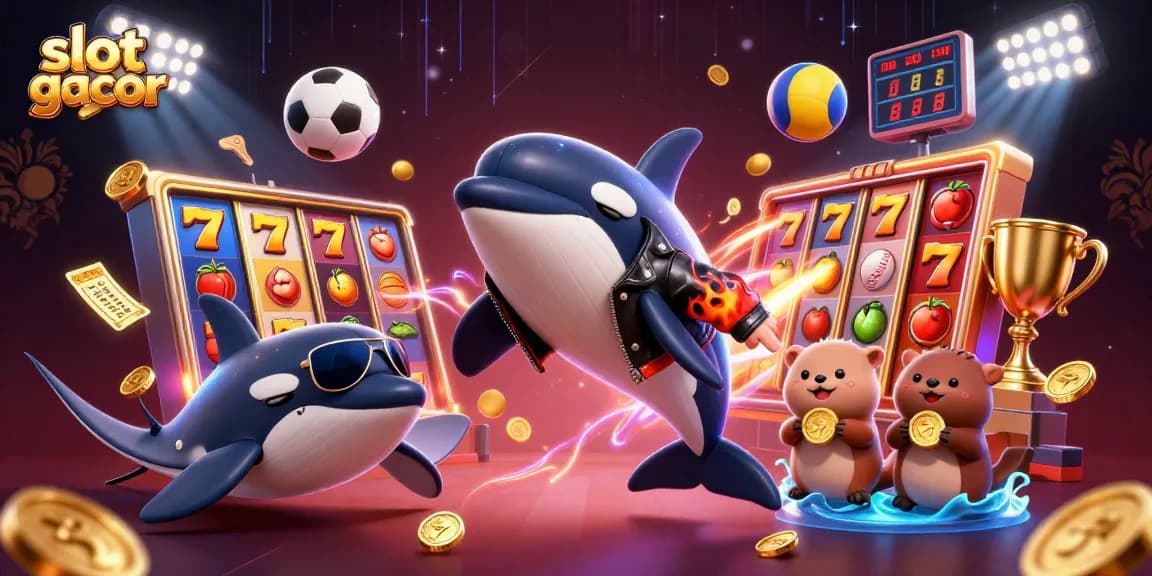 Slot gacor menunjukkan orca, stingray, dan beruang laut bersenang-senang dengan koin emas dan mesin slot.