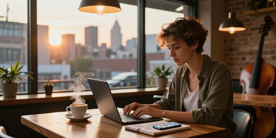 Cozy urban coffee shop scene with a woman working on a laptop, showcasing creativity and relaxation at https://forumup.org/shop/search.php?ca_id=&addr1=&addr2=&addr3=&schKeyword=.