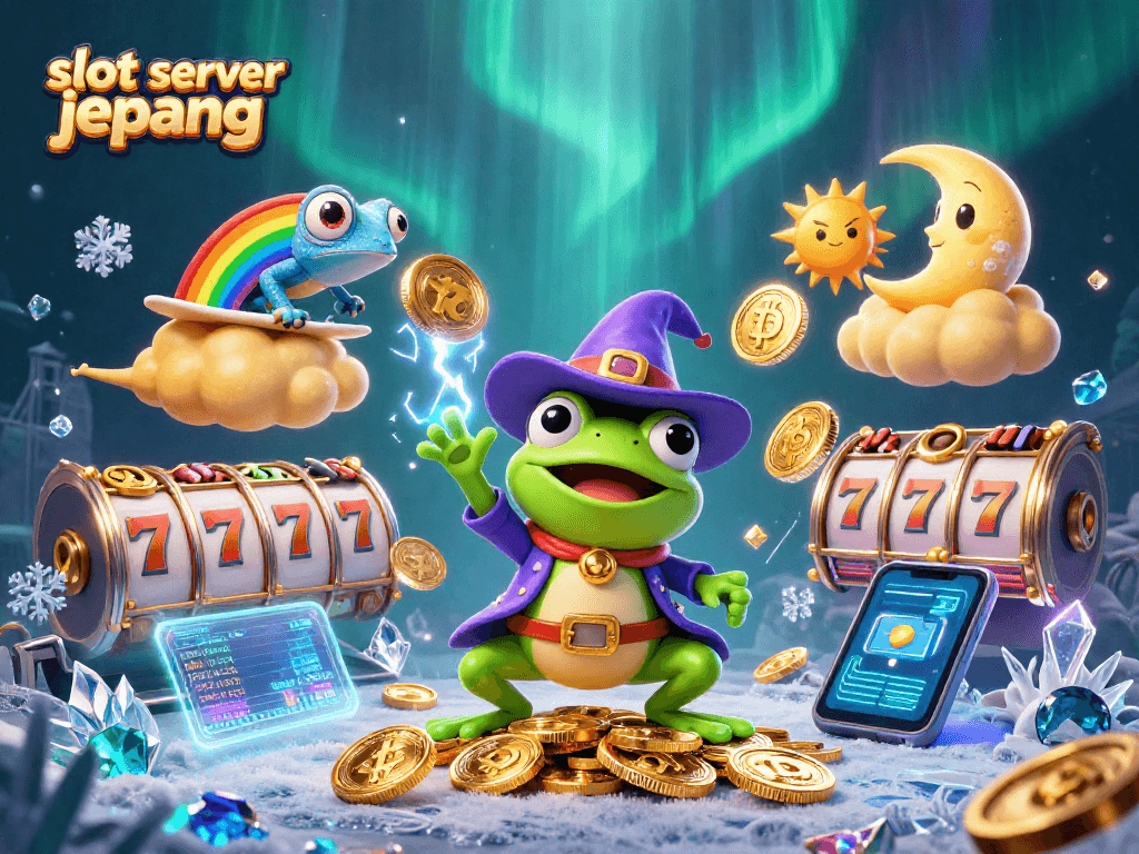 Experience the thrill of slot server jepang with vibrant characters and casino elements amidst a storm of coins.