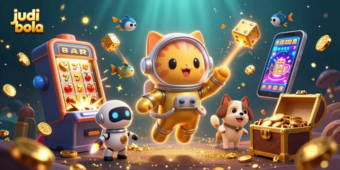 Engage in judi bola with exciting elements like slots, coins, and dynamic characters in a vibrant scene.