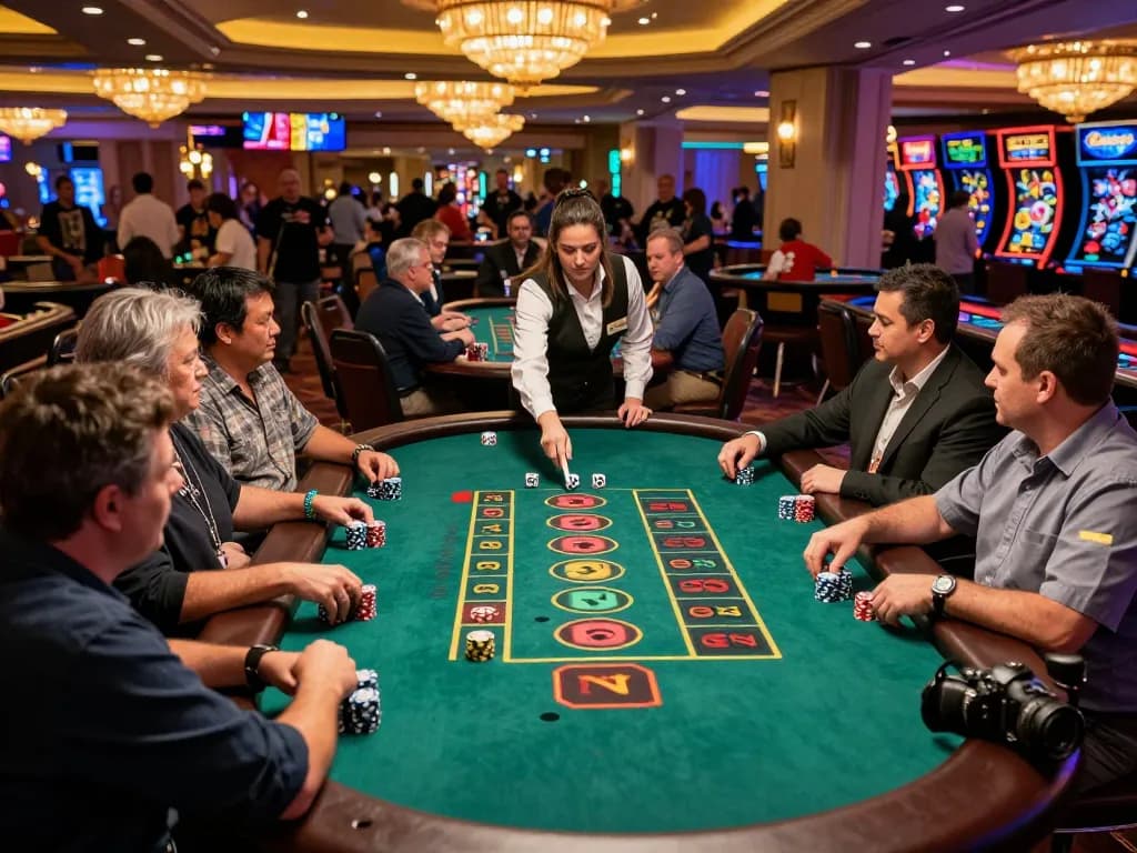 Players enjoying a thrilling craps game at a Las Vegas casino table, showcasing strategic bets and vibrant chips
