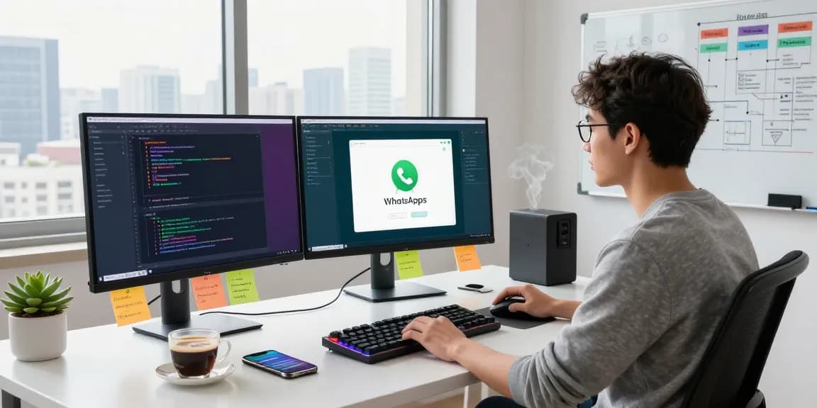Developer integrating WhatsApp電腦版 in a modern workspace with multiple screens and tech gadgets.