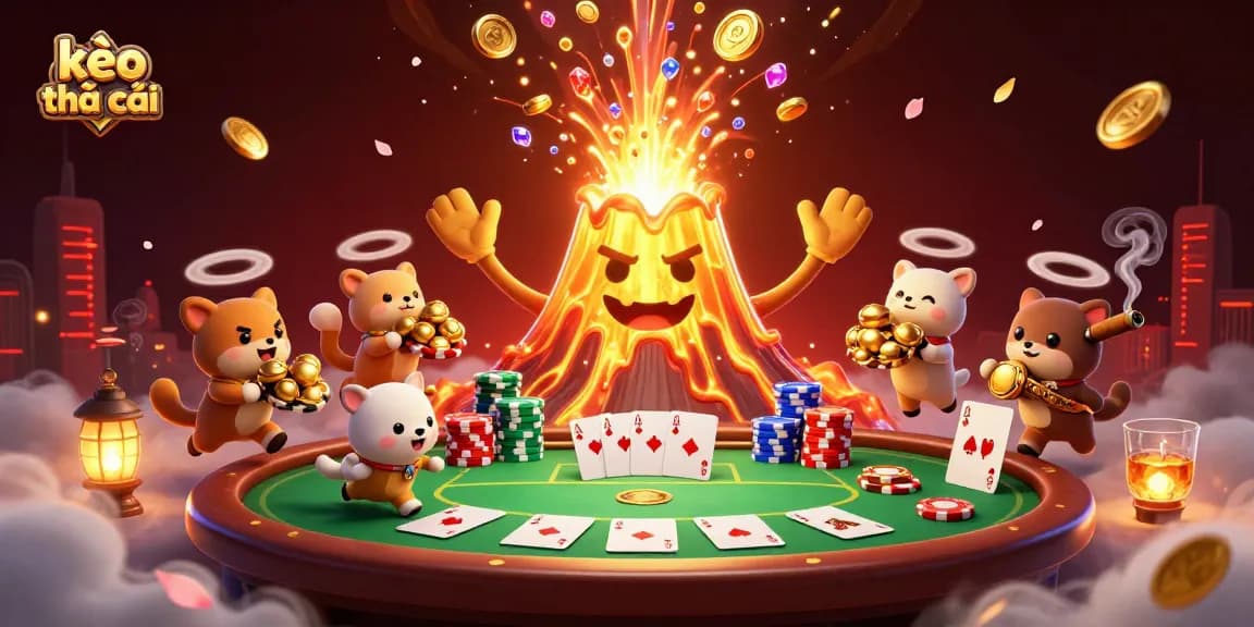 Experience the excitement of kèo nhà cái with a vivid 3D scene of a victorious volcano erupting coins and treasures.
